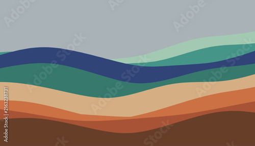 Landscape abstract artwork featuring smooth wavy layers in earthy tones of terracotta, sage green, and navy blue.
