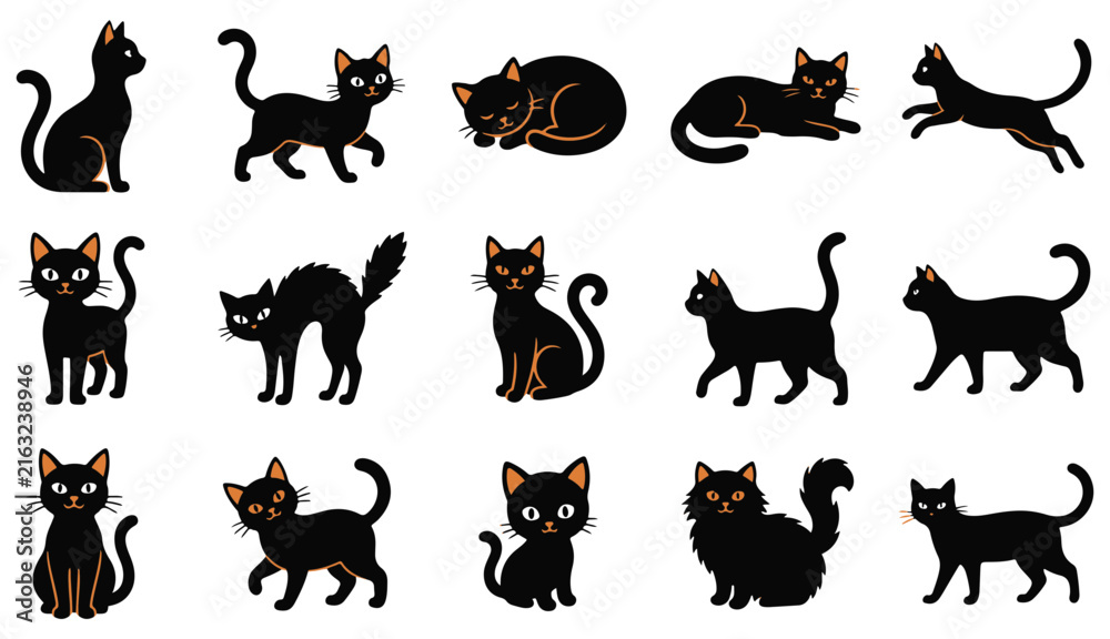 Fototapeta premium Collection of stylized black cat illustrations in various playful and dynamic poses