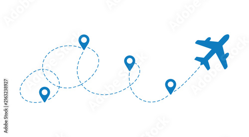 Airplane Route Icon: A stylized illustration of an airplane following a dotted line with location pins. travel path, journey, flight plan, destination marker, navigation.