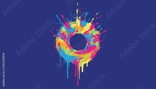 Vibrant colorful paint splash circle shape resembling a donut on a dark blue background vector illustration.