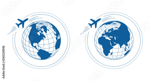 Global Travel Routes: Illustrative depiction of airplane routes circling the Earth. world map, international flight, journey, exploration, transportation.