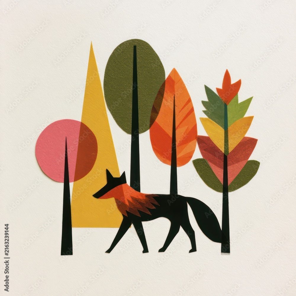 Naklejka premium Abstract forest illustration with fox, geometric trees, autumn colors