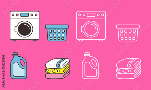 Washing machine icons with laundry basket and detergent bottle graphic