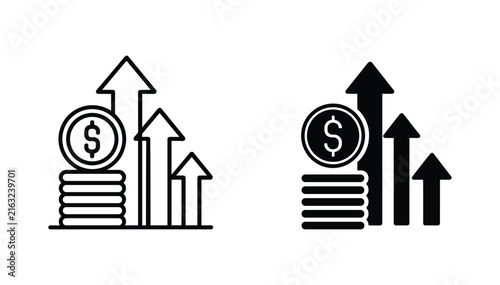 Financial Growth Icons: Two stylized icons depict stacking coins with rising arrows, symbolizing financial success and upward trends. currency, growth, upward trend, investment.