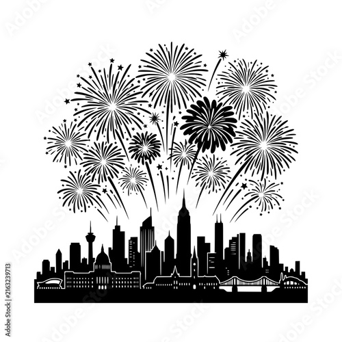 Fireworks exploding over city skyline silhouette vector illustration