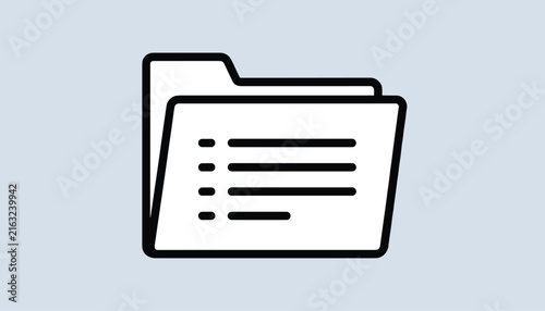 Sleek minimalist black and white folder icon containing document list lines on a light gray background for modern ui design.