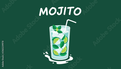 Refreshing mojito cocktail illustration with lime, mint, ice cubes, and a straw on a dark green background with clean typography.