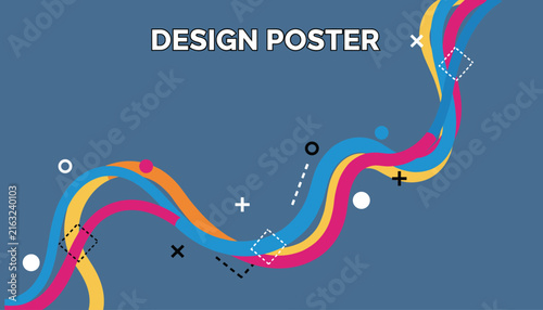Stylish abstract poster design with flowing blue, yellow, and magenta ribbons on a dark blue background with geo shapes.