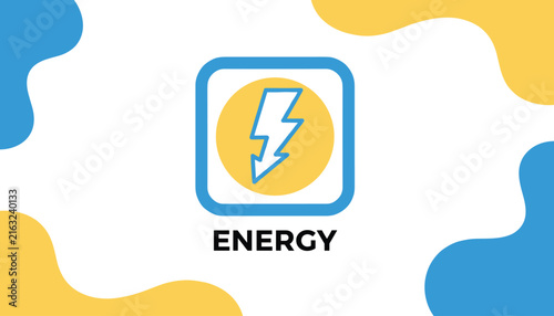 Energy icon featuring a blue lightning bolt inside a yellow circle and blue frame with decorative organic abstract shapes.