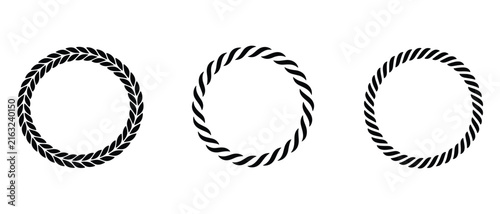 Braided Rope Circles: A set of three circular frames made from thick braided rope. design element, decorative border, nautical theme, textured frame, craft supply.