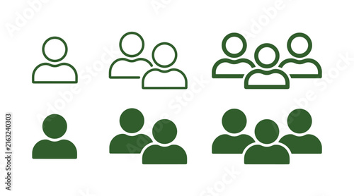 Group Icons: Simple line and solid icons depicting increasing group sizes. human pictogram, team representation, abstract figure, community symbol, headcount.