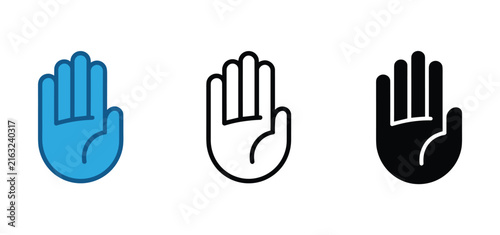 Hand Icon Set: A trio of stylized hand icons representing stop, halt, or gesture. Graphic symbol, modern design, communication aid.
