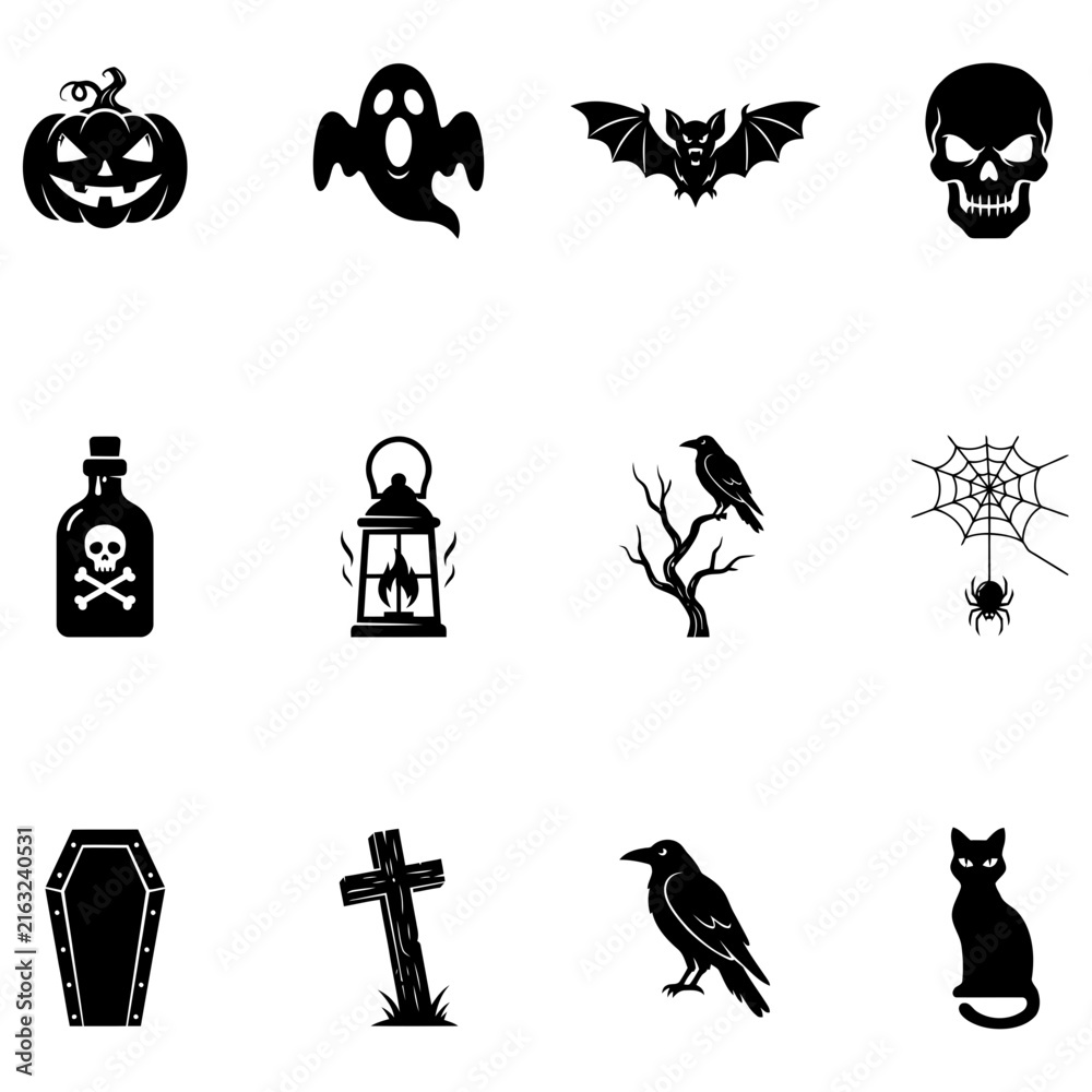 Fototapeta premium Black silhouette halloween icons set including ghosts pumpkins skulls and more