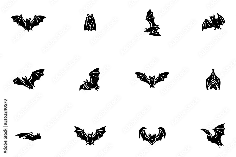 Fototapeta premium Collection of black silhouette bat illustrations in various flying poses
