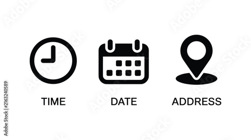 Icons for Time, Date, and Location: Simple graphic representation of planning an event. meeting, schedule, travel, appointment.
