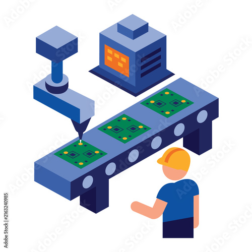 Isometric Automated Assembly Line Vector for Circuit Board Manufacturing