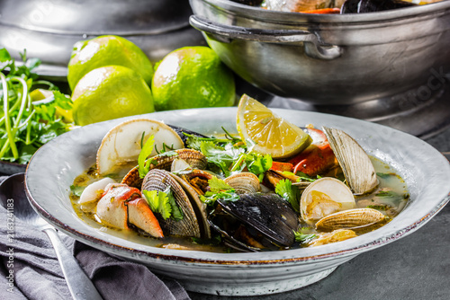 Seafood soup with clams crabs and mussels soup. Mariscal