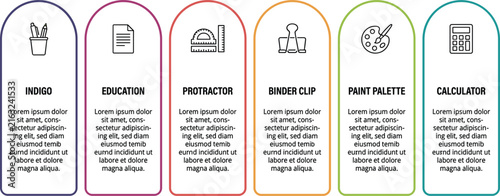 Six column educational infographic vector template with colorful rounded arch frames and linear school supply icons