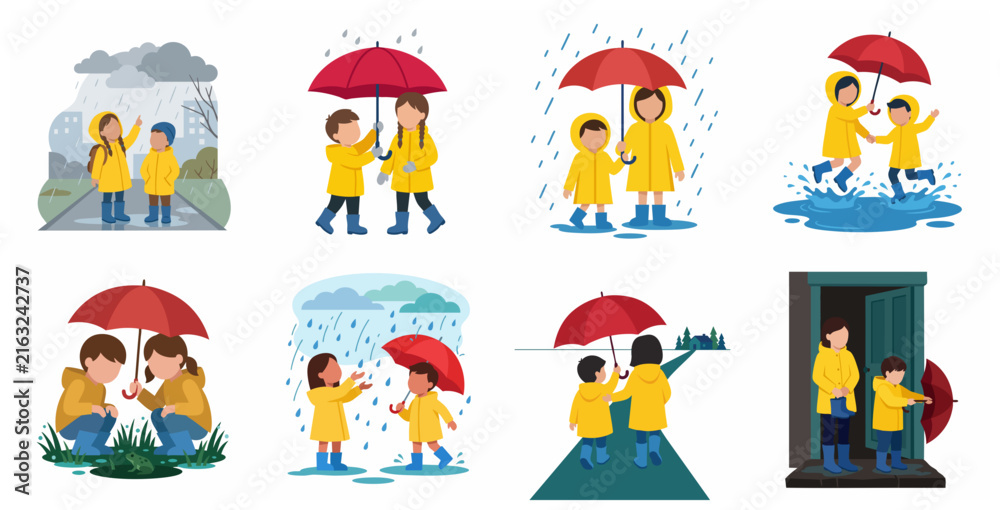 Obraz premium Set of flat vector illustrations of cute children in yellow raincoats and blue boots playing in the rain with red umbrellas, jumping in puddles and enjoying outdoor rainy weather activities.