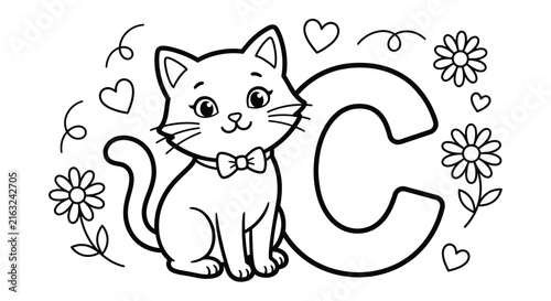Educational alphabet coloring page featuring a cute kitten and the letter c for preschool children learning letters