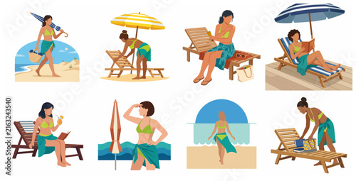 Set of flat vector illustrations of women enjoying summer vacation at the beach, relaxing on loungers, reading, and sunbathing under umbrellas