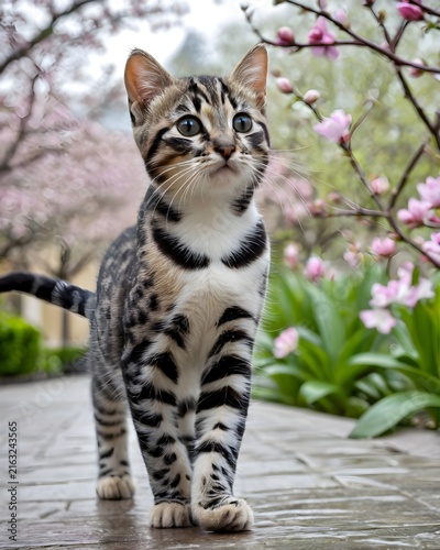 A marbled cat kitten in a courtyard