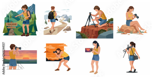 Collection of Flat Vector Illustrations Featuring a Woman Photographer and Hiker Exploring Nature and Capturing Landscapes