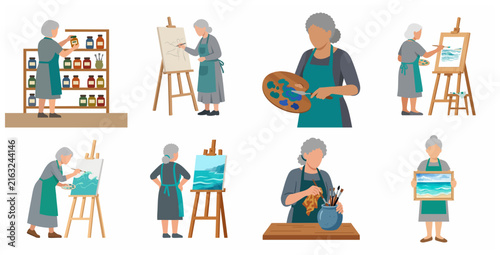 Flat Vector Illustration Set of Senior Woman Artist Painting on Canvas and Organizing Art Supplies