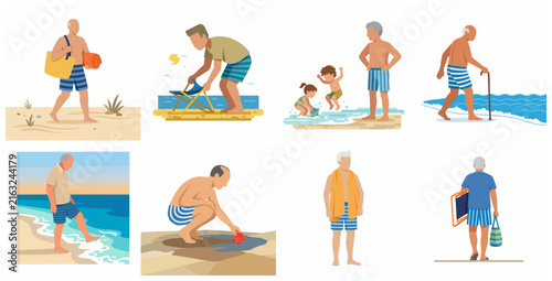 Flat Vector Illustration Set of Elderly Men and Children Enjoying Summer Beach Activities and Vacation