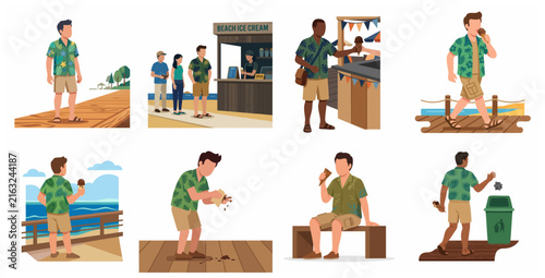 Vector illustration set of a young man enjoying summer beach vacation, buying ice cream from a stall, eating, and disposing of waste responsibly.