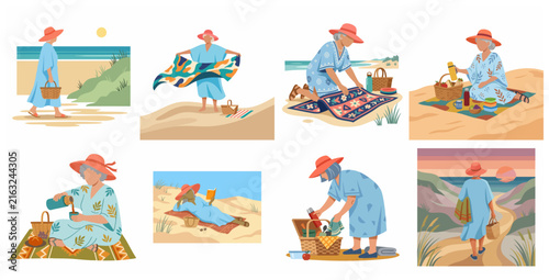 Set of flat illustrations featuring an elderly woman enjoying a peaceful day at the beach, including picnicking, reading, and walking by the sea.