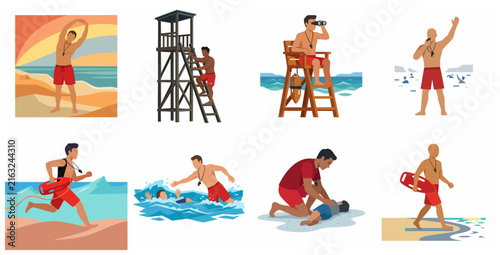 Professional Lifeguard Character Set: Beach Safety, Water Rescue, First Aid, and Surveillance Illustrations in Flat Vector Style