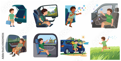 Vector illustration set of a young boy on a car road trip, featuring car safety, sightseeing, sleeping, and playing outdoors.
