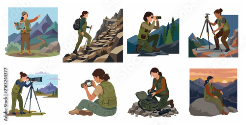 Set of Women Hikers and Photographers Exploring Mountain Landscapes Illustration