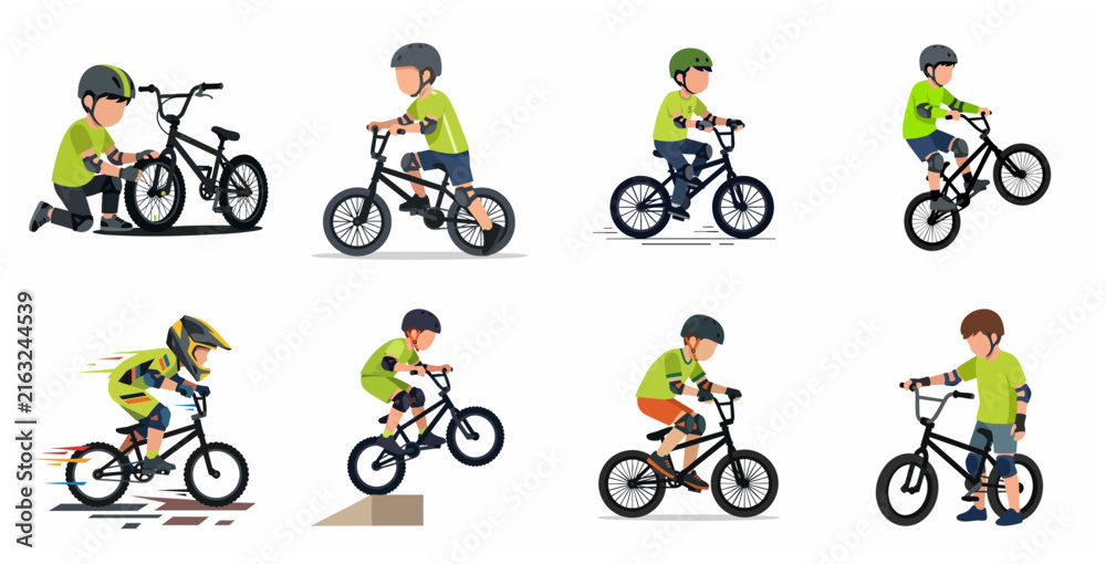 Fototapeta premium Set of vector illustrations featuring a young boy performing various BMX bike activities, stunts, and maintenance, isolated on white background.