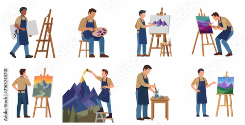 Male artist characters set painting on canvas with easels and palettes. Flat vector illustrations of professional and hobbyist painters in art studio, creative workshop concept.