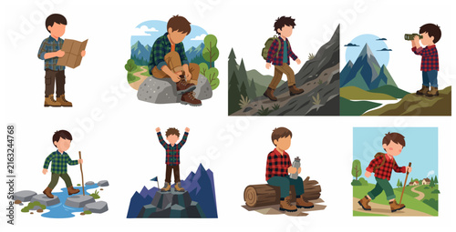 Vector Illustration Set of a Young Boy Character Hiking and Exploring Nature in Different Mountain Landscapes