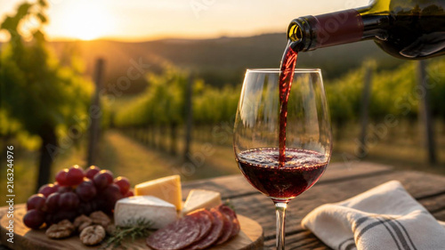 Red wine being poured into a glass on a wooden table with cheese, grapes, and salami at a vineyard during sunset