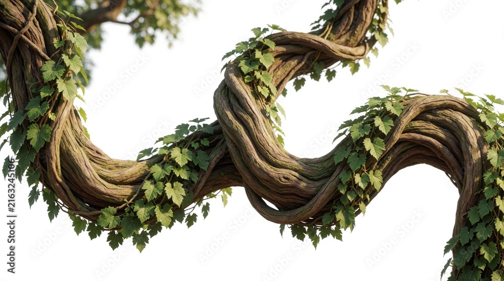 Naklejka premium Spiral twisted jungle vine grows on white background. Thick liana branch with green leaves twists in organic shape. Tropical plant root grape vine segment isolated for design. Natural woody stem with