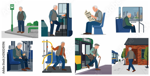 Set of flat vector illustrations showing a senior man's journey using public bus transportation including boarding, sitting, and walking home.