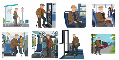 Senior man using public bus transportation collection, elderly commuter with walking stick boarding and sitting in city bus, flat vector illustration