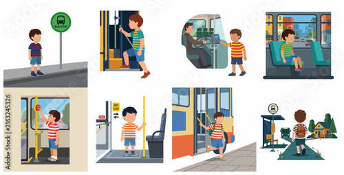 Educational illustration set of a young boy using public transport, from waiting at the bus stop to getting off safely.