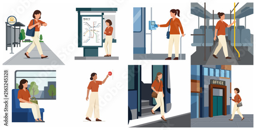 Flat Vector Illustration Set of a Young Woman's Daily Commute Routine from Bus Stop to Office Entrance