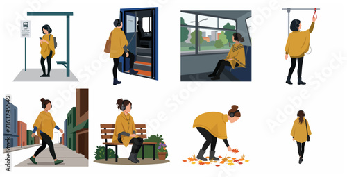 Modern Woman Daily Routine and City Commute Vector Illustration Set