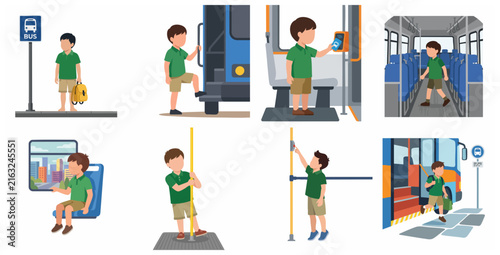 Schoolboy using public transportation bus set of illustrations, from waiting at the stop, paying with card, sitting, and getting off