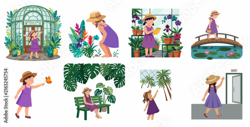 Flat vector illustration set of a young girl in a purple dress and straw hat visiting a botanical garden, exploring flowers, and observing nature.