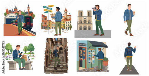 Vector illustration set of a young man traveling and exploring city landmarks, parks, and streets.