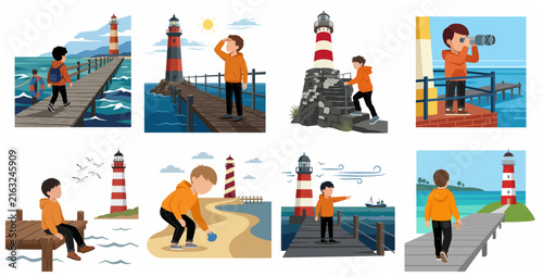 Collection of vector illustrations featuring a young boy exploring the seaside with a lighthouse and nautical activities.