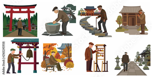 Flat vector illustration set of a senior Japanese man visiting traditional shrines and temples, performing rituals like praying and bell ringing.