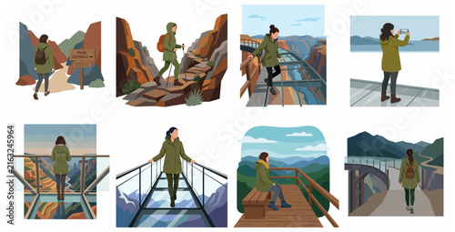 Set of illustrations featuring a woman hiking and exploring scenic canyon viewpoints and glass skywalks in the mountains